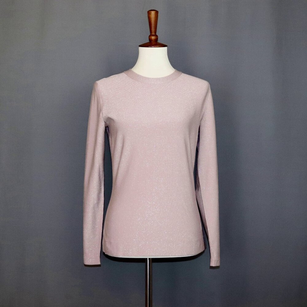 Akris 8 Crew Neck Silk Long Sleeve Sweater Top Pink Metallic Shimmer